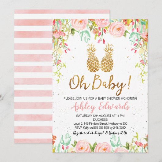 Invitation au Baby shower floral tropical des fill (Devant / Derrière)