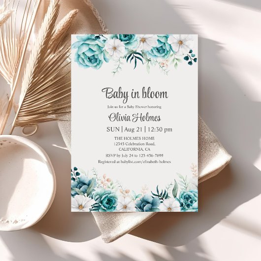 Invitation au Baby shower floral turquoise et non