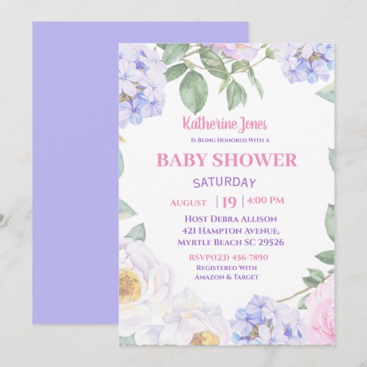 Invitation au Baby shower Floral Violet (Devant / Derrière)
