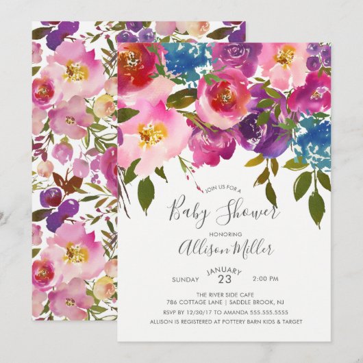Invitation au Baby shower Floral Violet et Rose (Devant / Derrière)