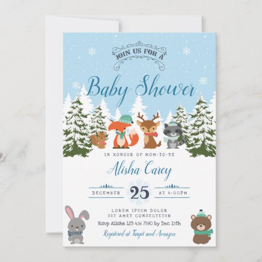Invitation au Baby shower forestier d'hiver (Devant)