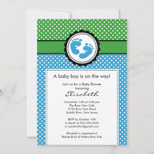 Invitation au Baby shower Garçon Green Blue Footpr (Devant)