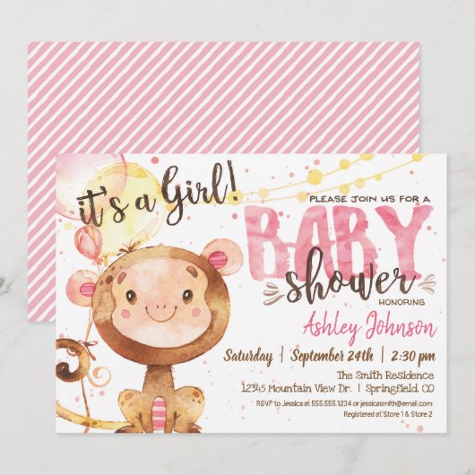 Invitation au Baby shower Girl Monkey (Devant / Derrière)