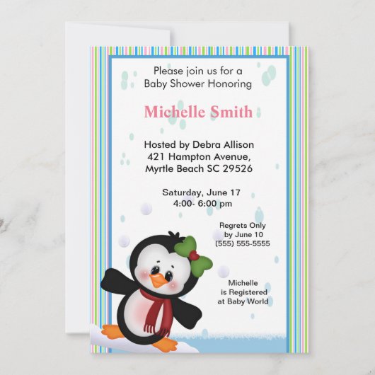 Invitation au Baby shower Girl Penguin (Devant)