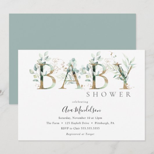 Invitation au Baby shower Gold et Eucalyptus (Devant / Derrière)