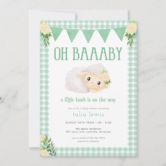 Invitation au Baby shower Green Little Lamb (Devant)