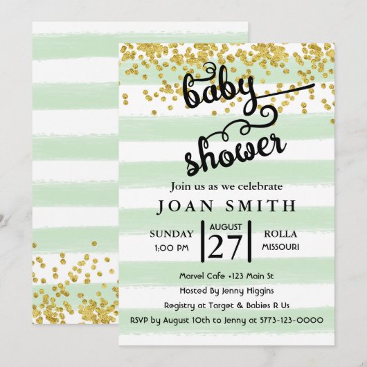 Invitation au Baby shower Green Watercolor Stripes (Devant / Derrière)