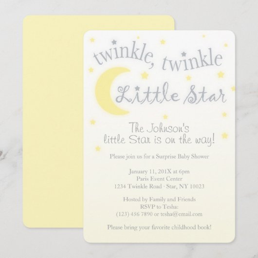 Invitation au baby shower jaune étoile Twinkle (Devant / Derrière)