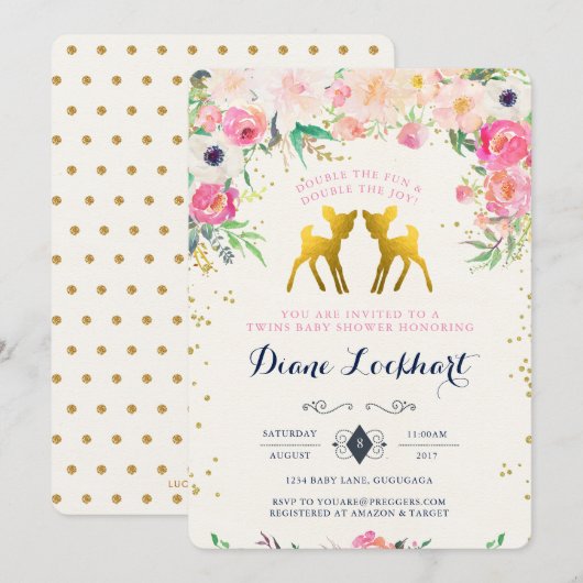 Invitation au Baby shower jumeau Baby Deer (Devant / Derrière)
