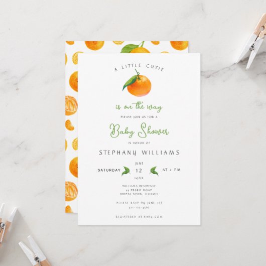 Invitation au Baby shower Little Cutie (Devant/Arrière en situation)