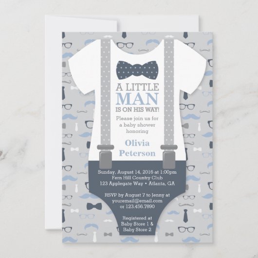 Invitation au Baby shower Little Man, bleu marine, (Devant)