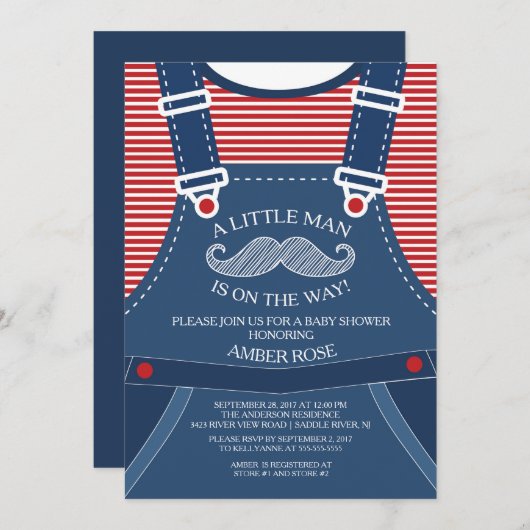 Invitation au Baby shower Little Man Mustache (Devant / Derrière)