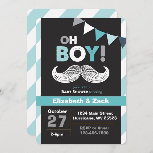 Invitation au Baby shower Little Man Mustache (Devant / Derrière)
