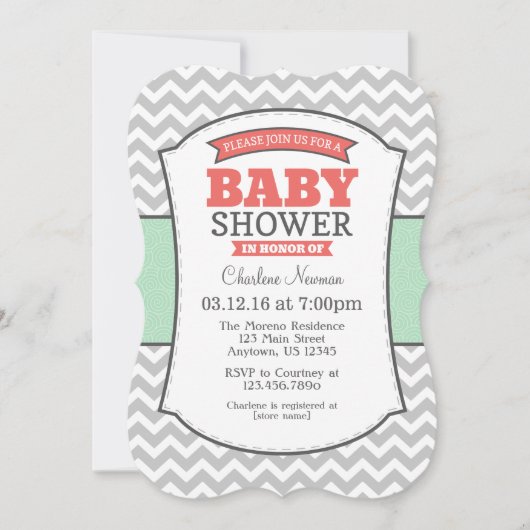 Invitation au Baby shower Mint Coral Grey Chevron (Devant)