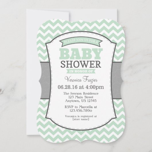 Invitation au Baby shower Mint Green Gray Chevron (Devant)