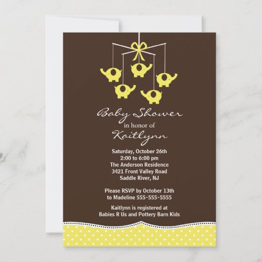 Invitation au Baby shower mobile des éléphants jau (Devant)