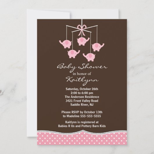 Invitation au Baby shower mobile Pink Elephant (Devant)