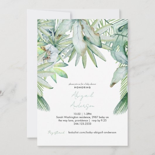 Invitation au Baby shower moderne neutre et tropic (Devant)