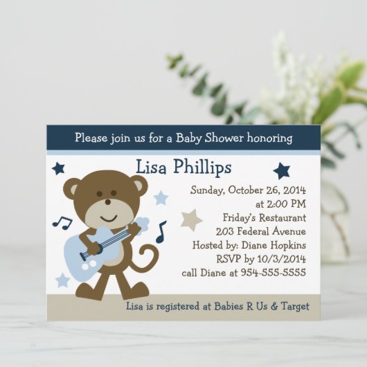 Invitation au Baby shower Monkey Rocker (Debout devant)