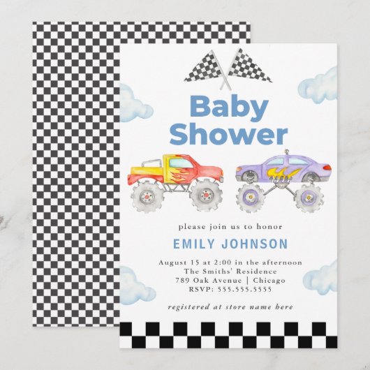 Invitation au Baby shower Monster Truck Boy (Devant / Derrière)