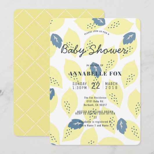 Invitation au Baby shower Motif citron et feuille (Devant / Derrière)