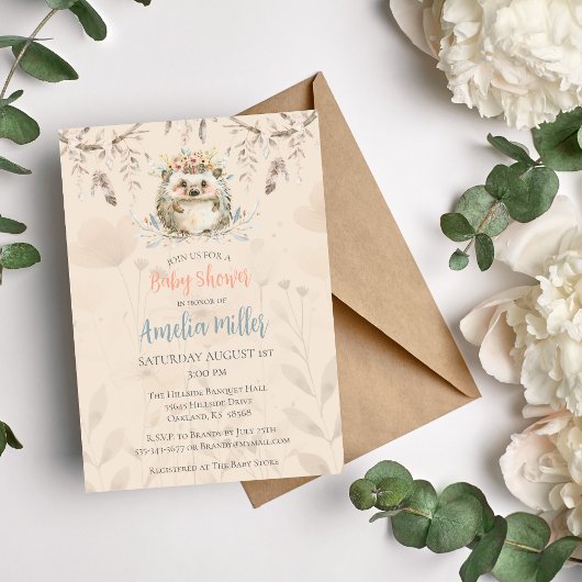 Invitation au Baby shower Neutre Boho Hedgehog