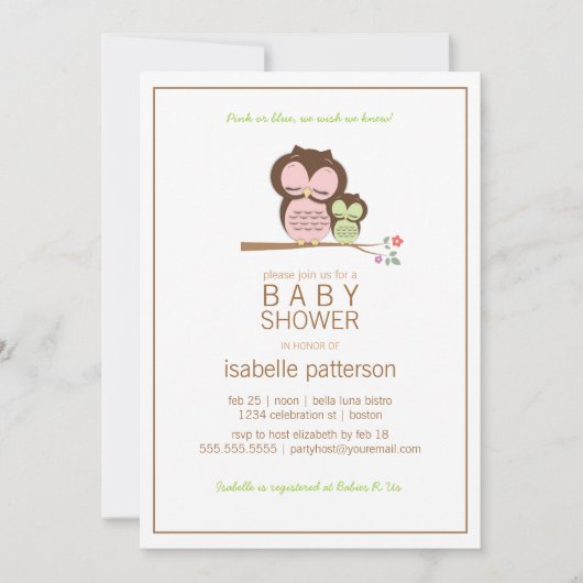 Invitation au Baby shower neutre Cute Owl et Mama (Devant)