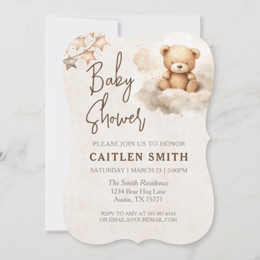 Invitation au Baby shower neutre de l'ours doux (Devant)