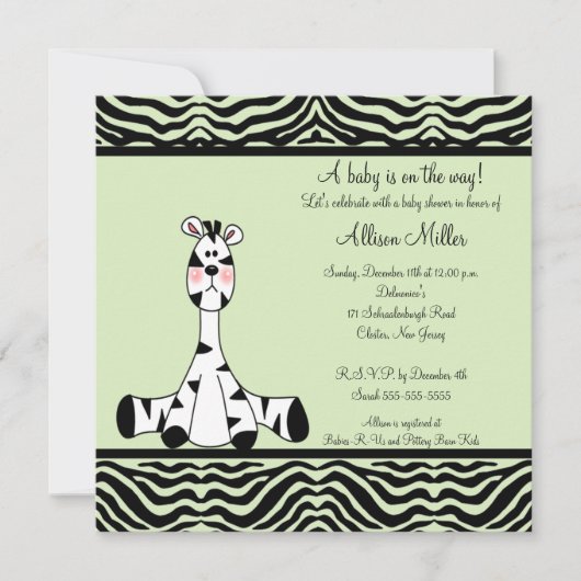 Invitation au Baby shower neutre Zèbre vert Mint (Devant)