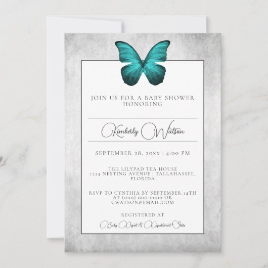 Invitation au Baby shower papillon turquoise (Devant)