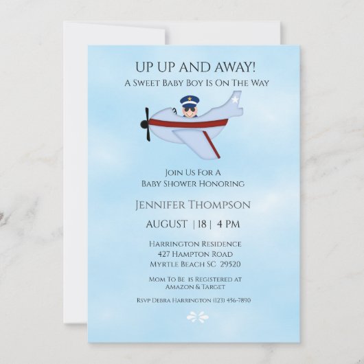 Invitation au Baby shower pilote et avion (Devant)