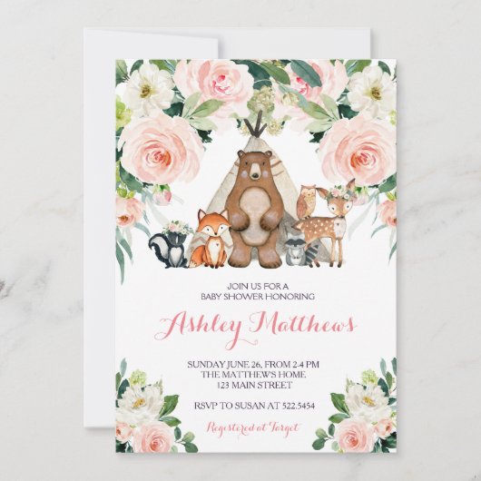 Invitation au Baby shower Pink Woodland (Devant)