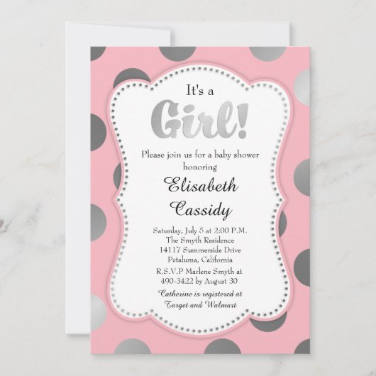 Invitation au Baby shower Pois rose et argent (Devant)