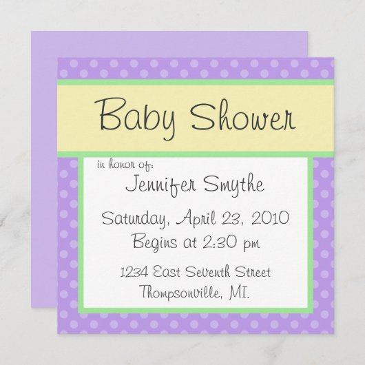 Invitation au Baby shower pourpre Polka Dotty (Devant / Derrière)