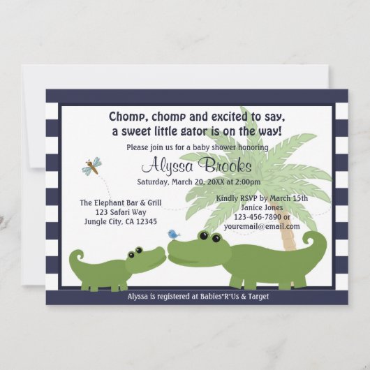 Invitation au baby shower rayé bleu Alligator AMP (Devant)
