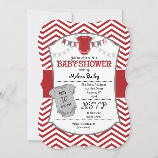 Invitation au Baby shower Red Grey Chevron (Devant)