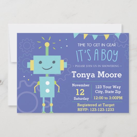 Invitation au Baby shower robotique bleu (Devant)