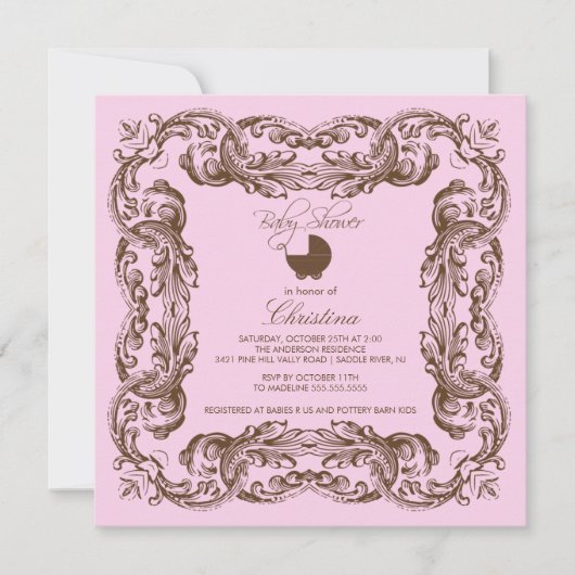 Invitation au Baby shower rose Brown de cadre Vint (Devant)