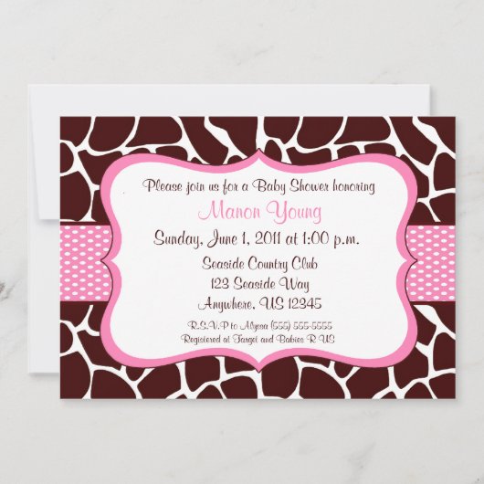 Invitation au Baby shower rose de la Girafe (Devant)