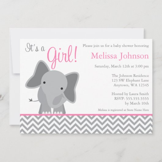 Invitation au Baby shower rose de l'Eléphant Cute (Devant)
