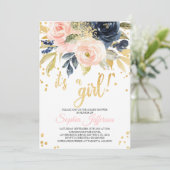 Invitation au Baby shower rose, marine et or (Debout devant)