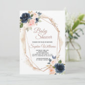 Invitation au Baby shower rose, marine et or (Debout devant)