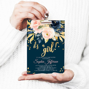 Invitation au Baby shower rose, marine et or