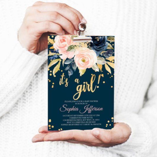 Invitation au Baby shower rose, marine et or