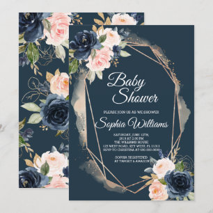 Invitation au Baby shower rose, marine et or