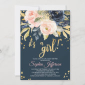 Invitation au Baby shower rose, marine et or (Devant)