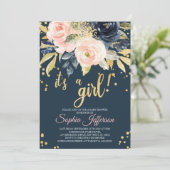 Invitation au Baby shower rose, marine et or (Debout devant)