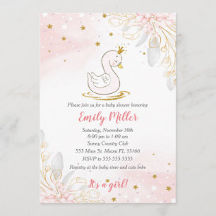 Invitation au baby shower rose or princesse swan