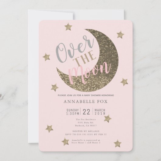 Invitation au Baby shower rose pâle sur la Lune (Devant)