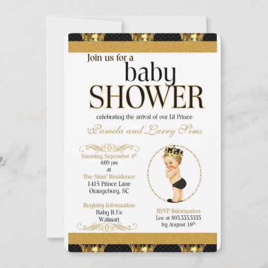 Invitation au Baby shower royal du prince noir et  (Devant)
